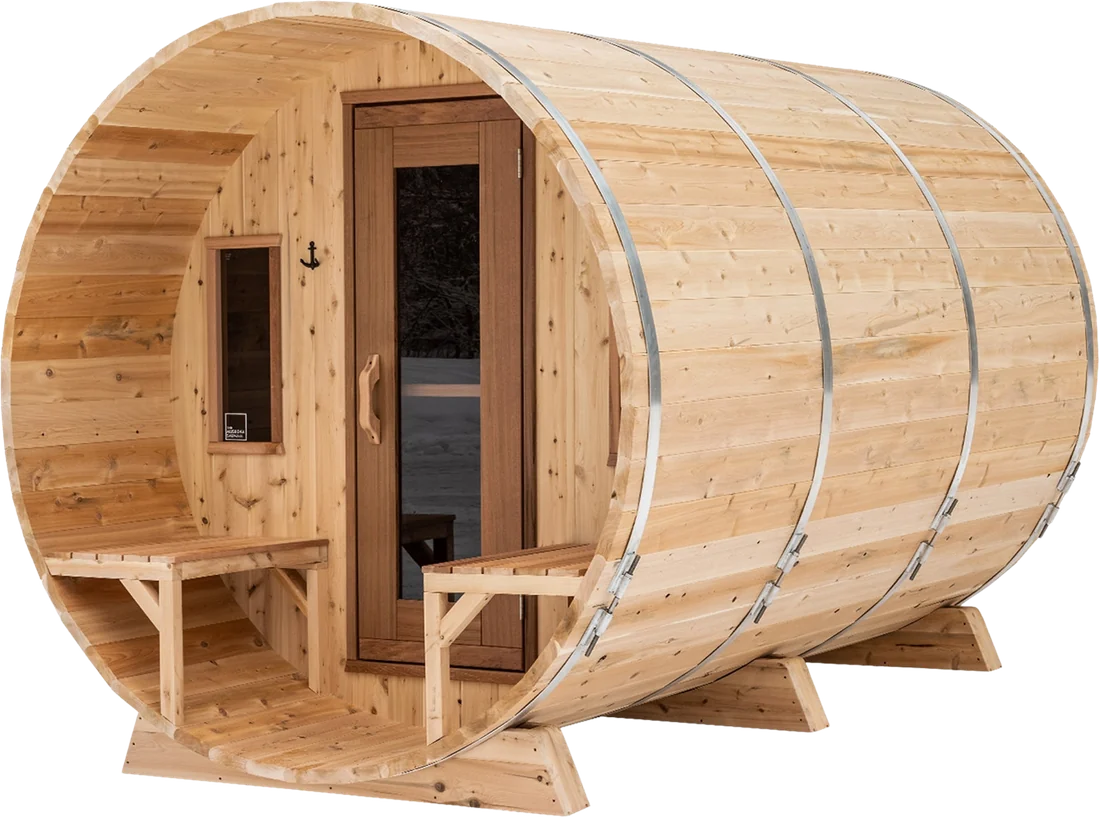 Premium 7 by 10 foot Canadian white cedar barrel sauna with 2 foot covered porch