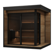 SaunaLife GL6 6-person outdoor sauna with glass front and integrated porch