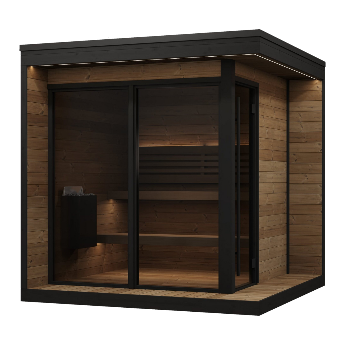 SaunaLife GL6 6-person outdoor sauna with glass front and integrated porch