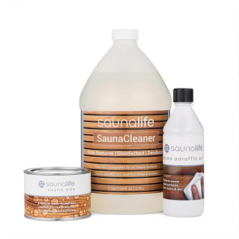 Sauna Care Kit (Cleaner, Wax, Oil) — Clear wax 450 mL + paraffin oil 500 mL + concentrated cleaner 1 gal