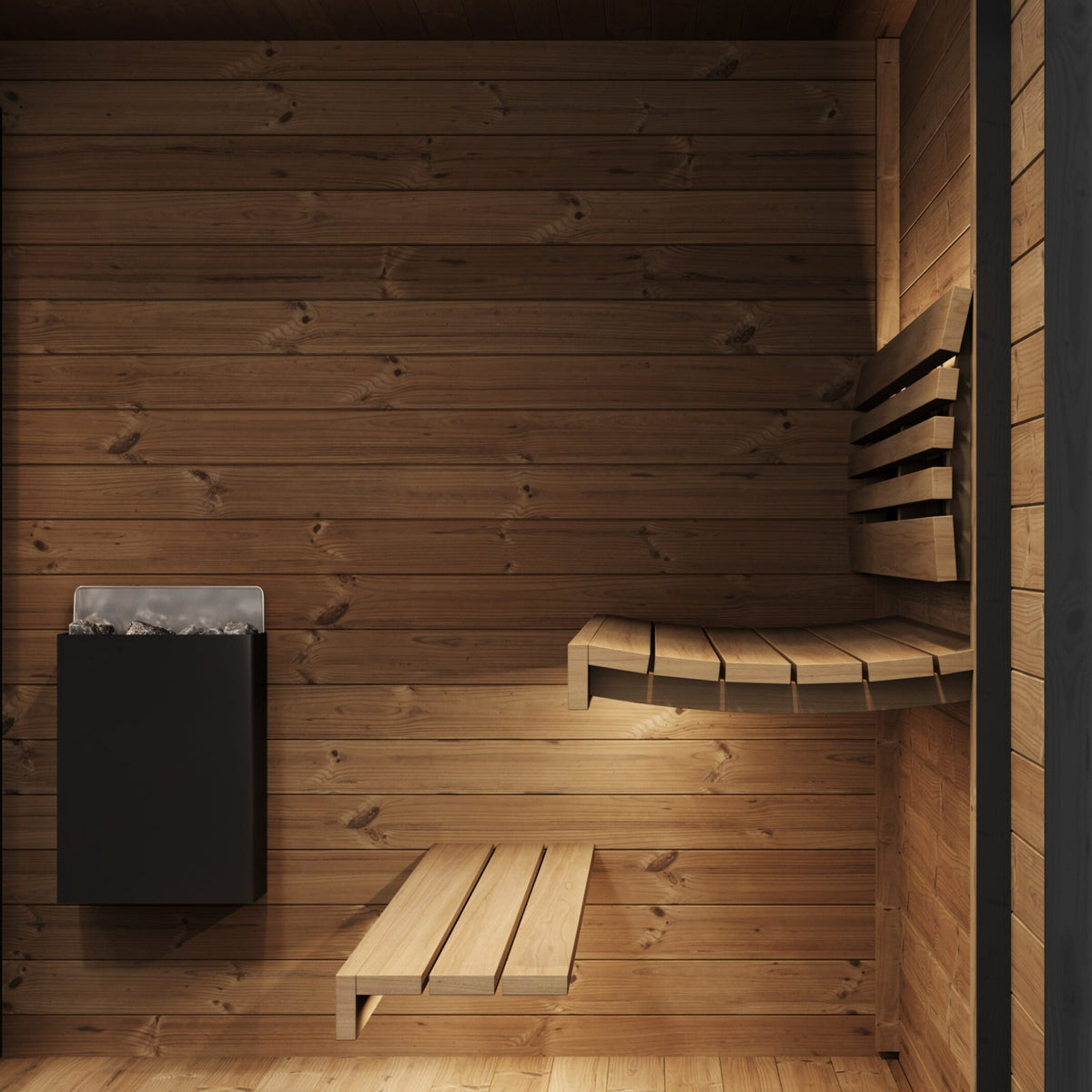 SaunaLife GL6 interior with electric heater and contoured thermo-wood benches
