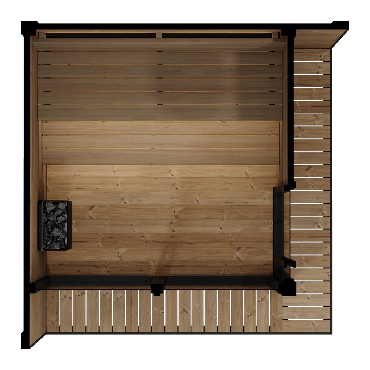 SaunaLife GL6 top-down floor plan showing benches, heater and wrap-around porch