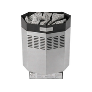 Hexagonal outdoor heater with stones on top on a white background