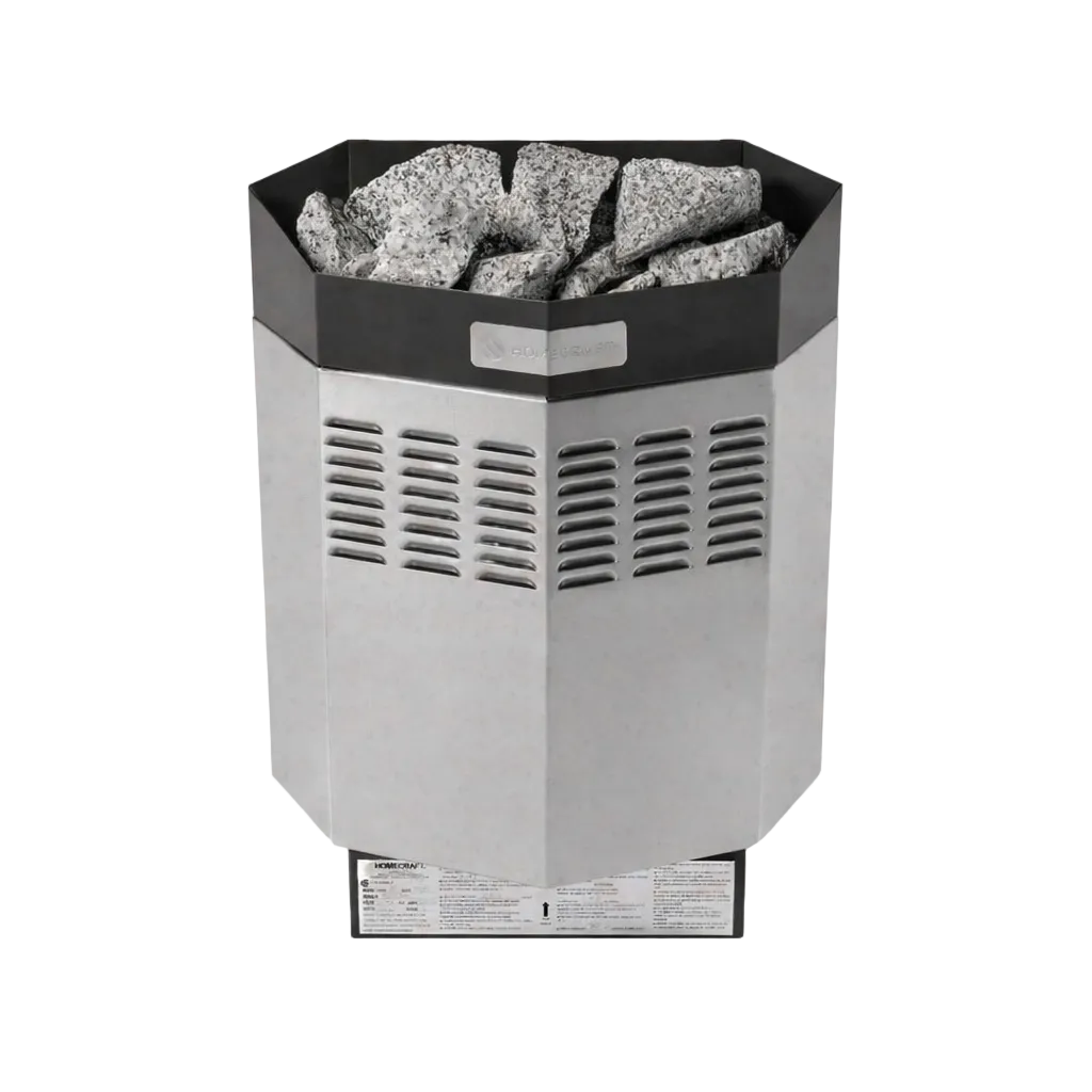 Hexagonal outdoor heater with stones on top on a white background