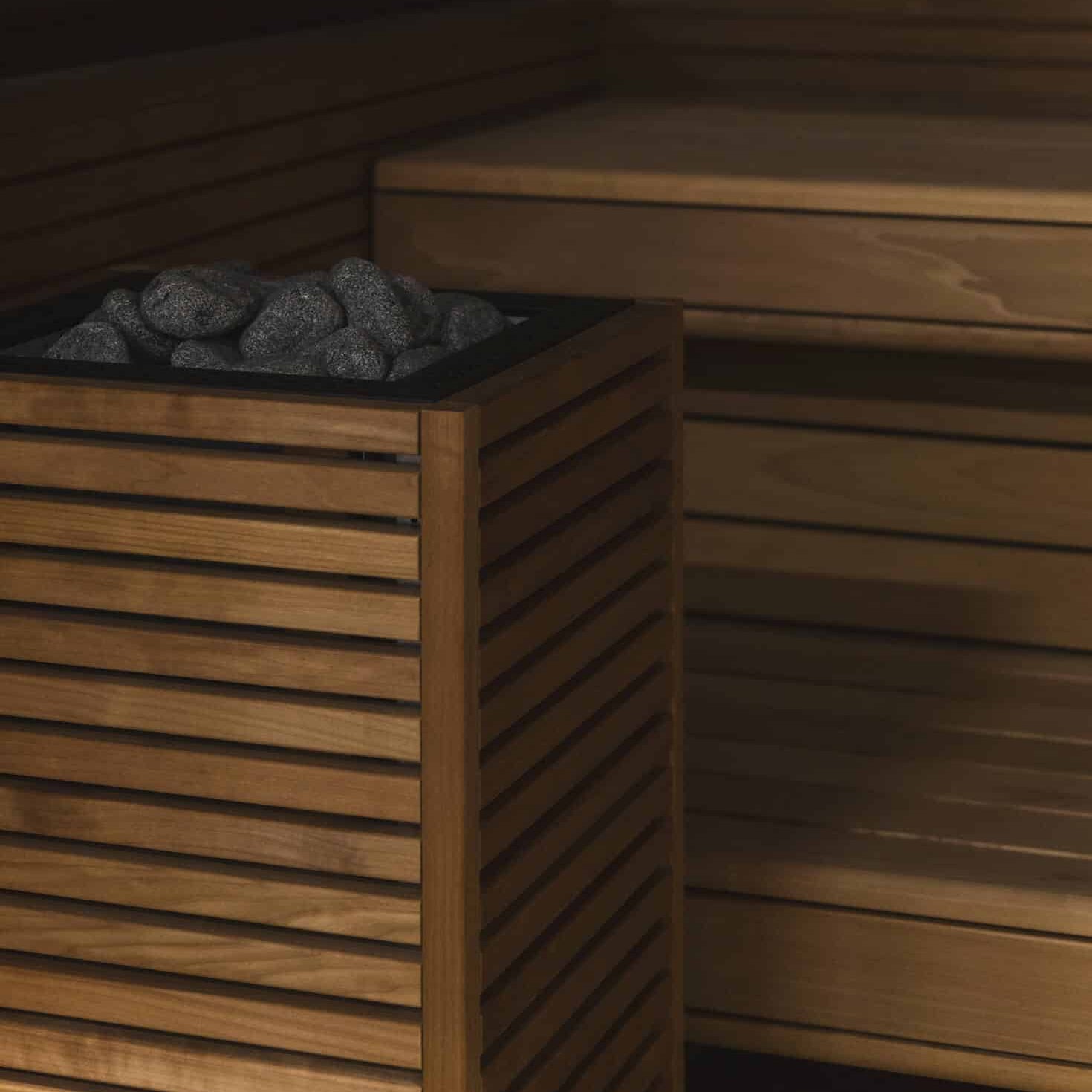 Wooden sauna with rocks inside a container