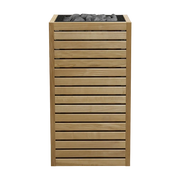 Wooden planter with slatted design on a white background