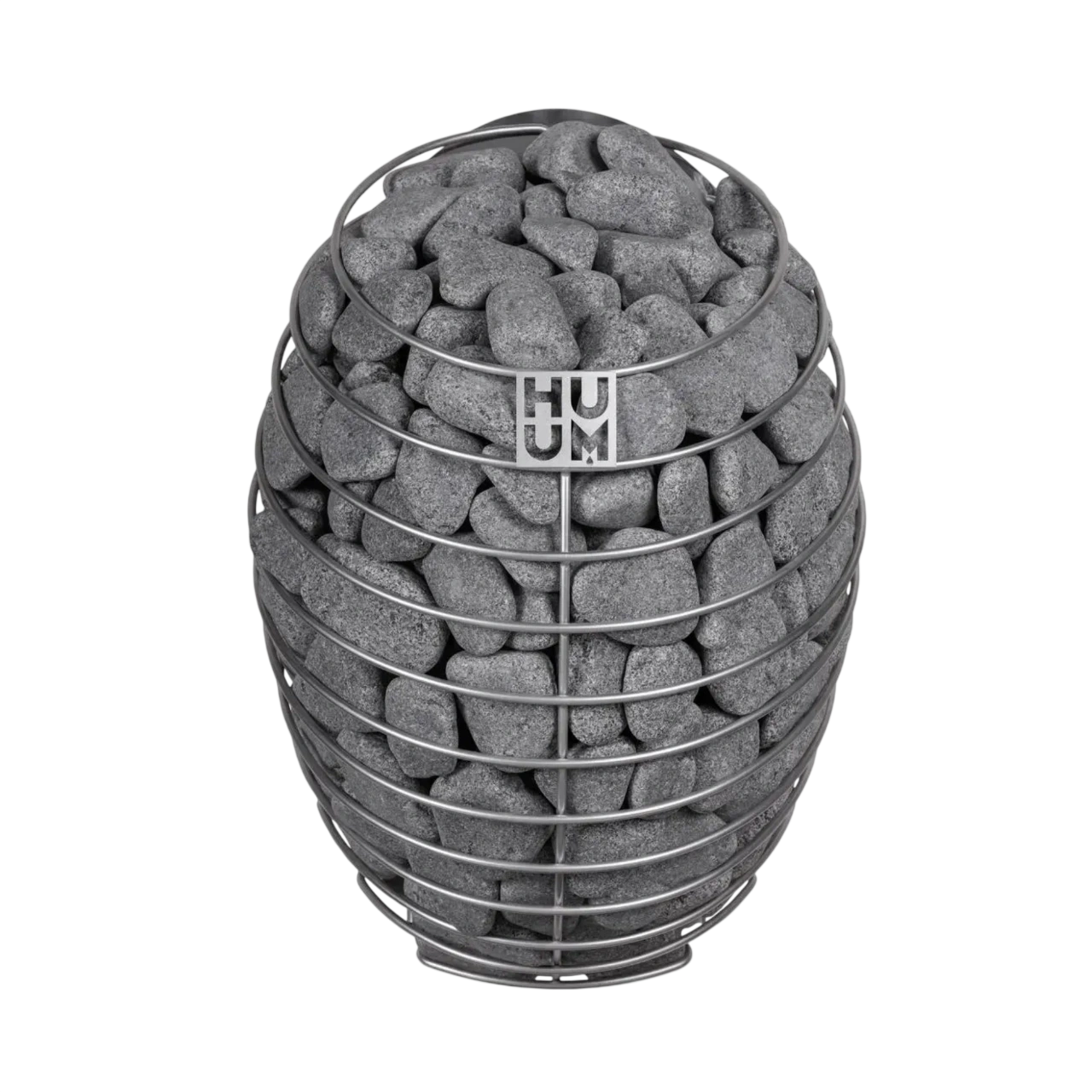 Decorative vase filled with stones and a metal cage on a white background