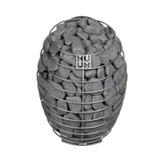 Decorative vase filled with stones and a metal cage on a white background