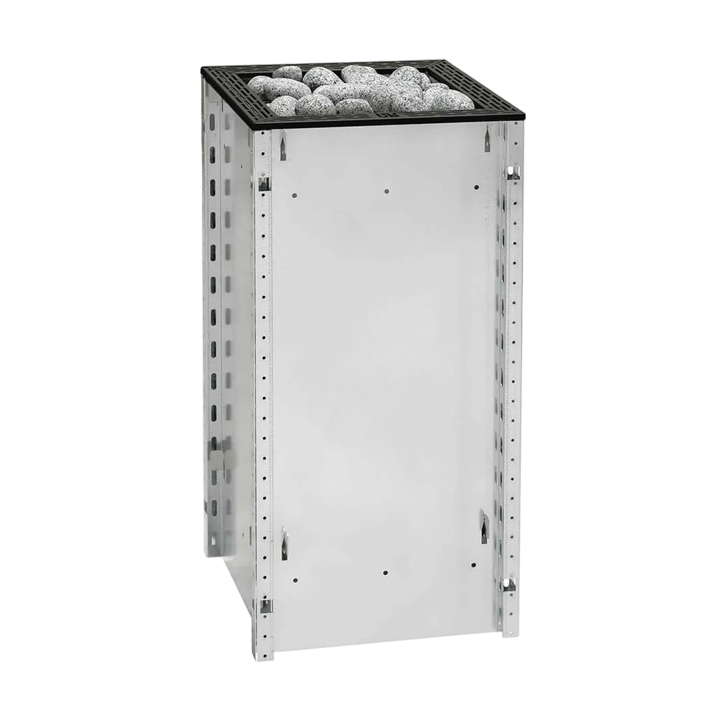 Metal fire pit with decorative stones on a white background