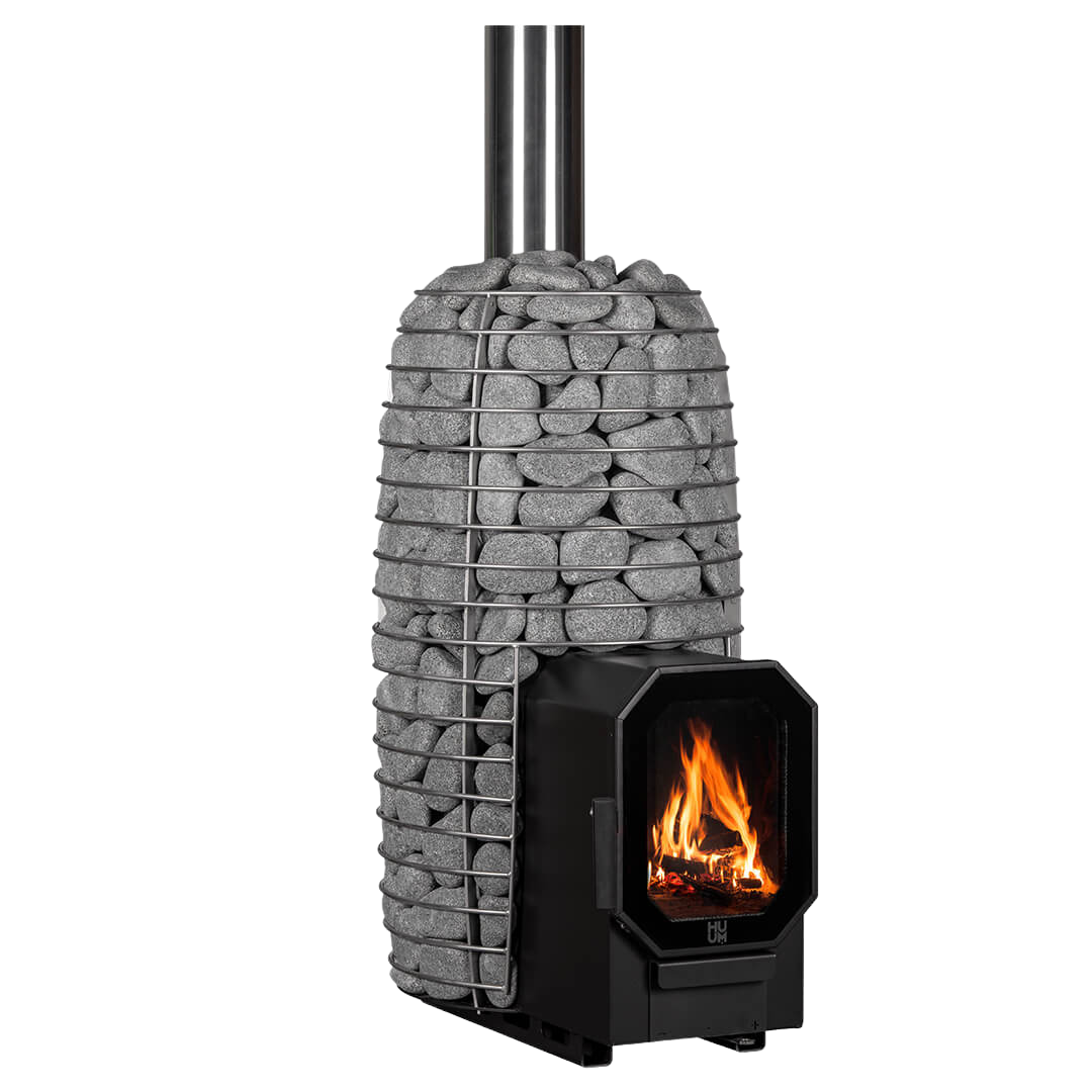 Wood-burning stove with stone surround on a white background