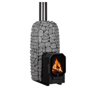 Wood-burning stove with stone surround on a white background