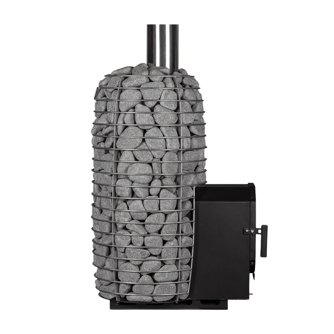 Decorative stone column with a black metal base on a white background