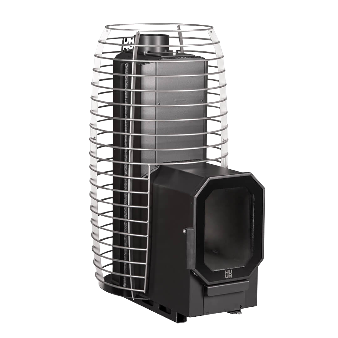 Black metal cage with a cylindrical container on a white background