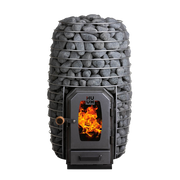 Wood stove with glowing flames and pebbles on a white background