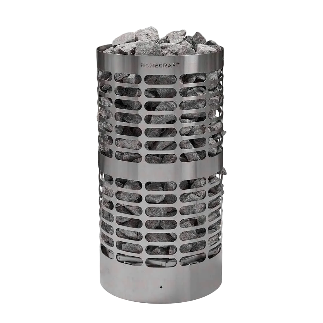 Stainless steel fire pit with rocks on a white background