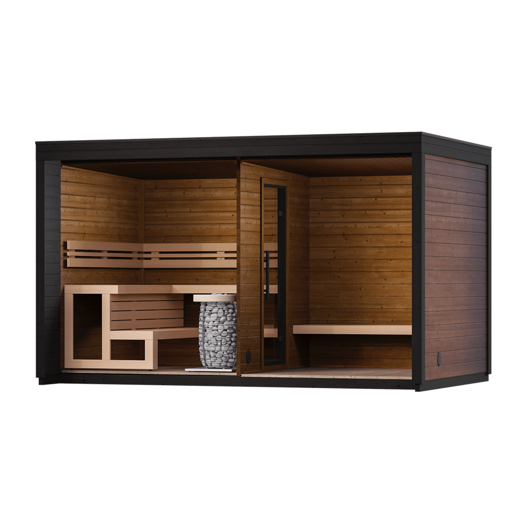 Leil Patio L Sauna - interior layout; optional heater shown