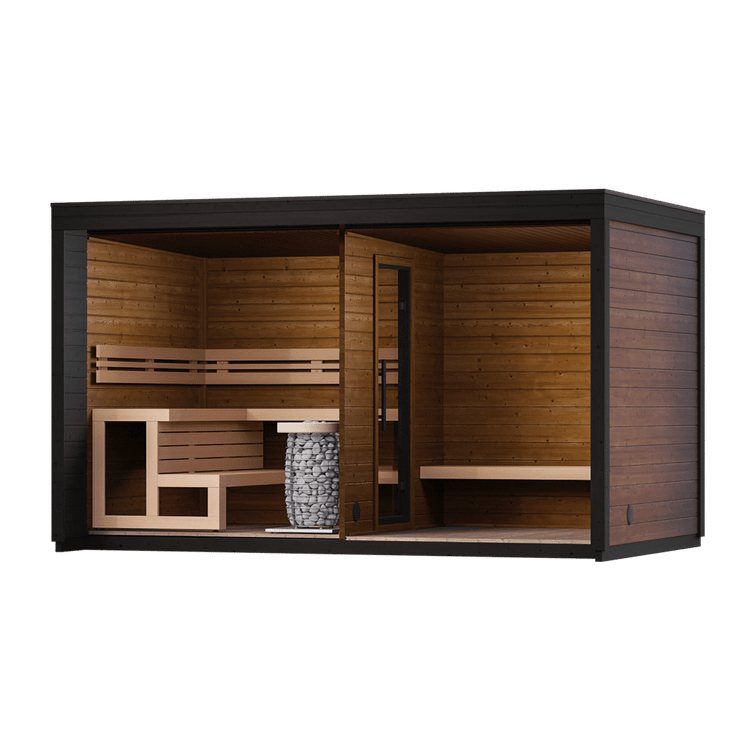Leil Patio L Sauna - interior layout; optional heater shown
