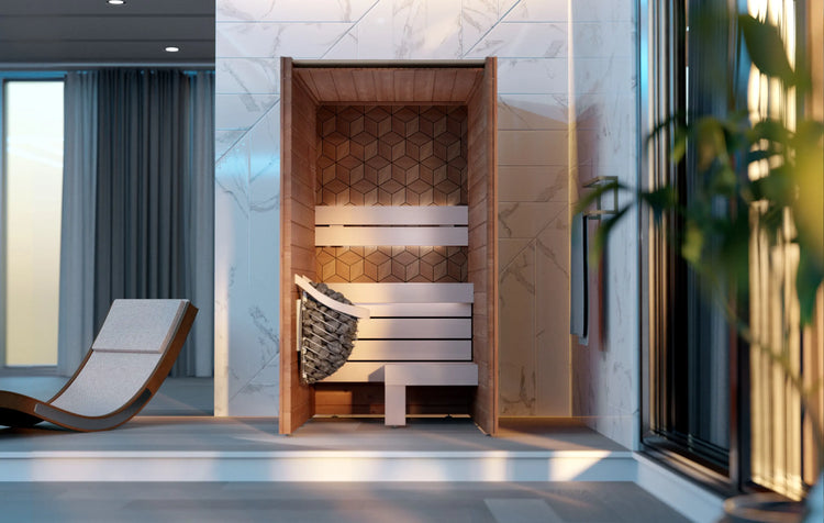 Modern indoor sauna with wooden bench and geometric wall design.