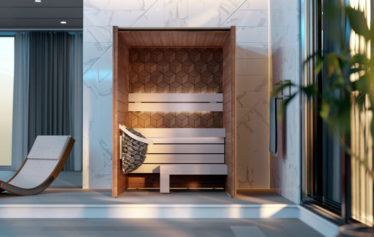 Modern indoor sauna with wooden interior and geometric wall design.
