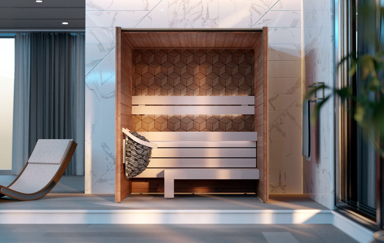 Modern indoor sauna with wooden bench and hexagonal tile wall