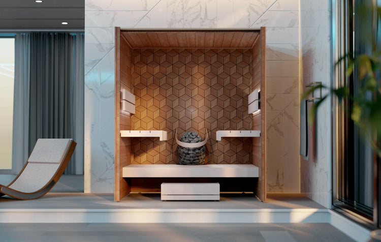 Modern bathroom with hexagonal tile wall, shower area, and a chair.