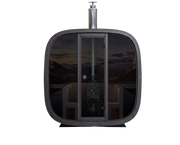 Modern outdoor shower enclosure with glass door on a white background