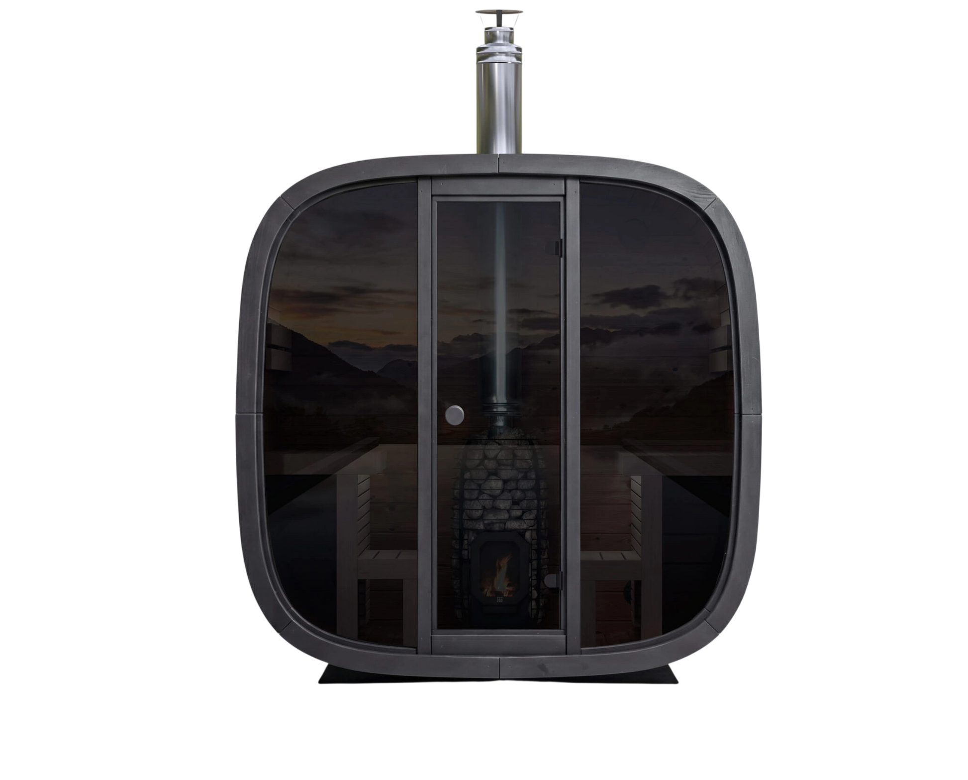 Modern outdoor shower enclosure with glass door on a white background