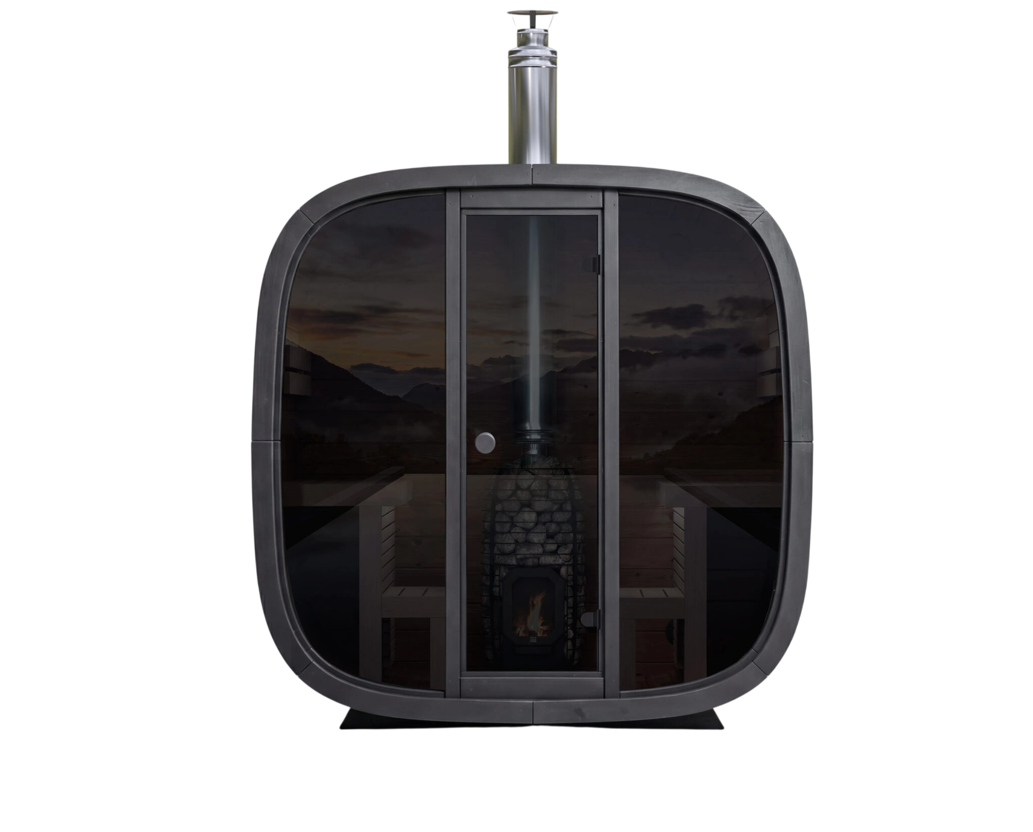 Modern outdoor shower enclosure with glass door on a white background