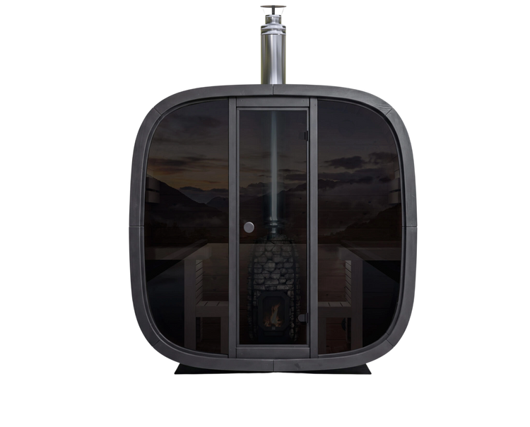 Modern outdoor shower enclosure with glass door on a white background