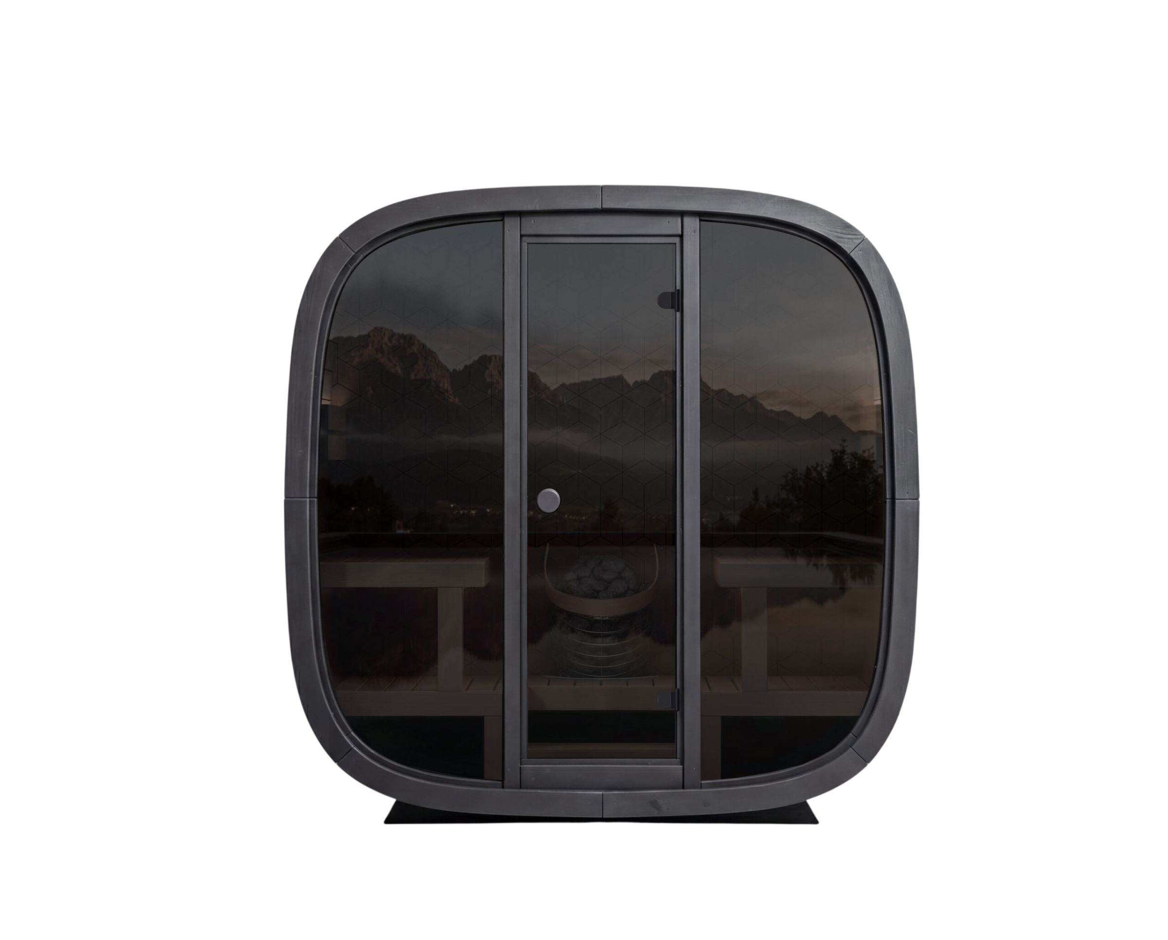 Black electronic device with reflective surface showing a scenic reflection