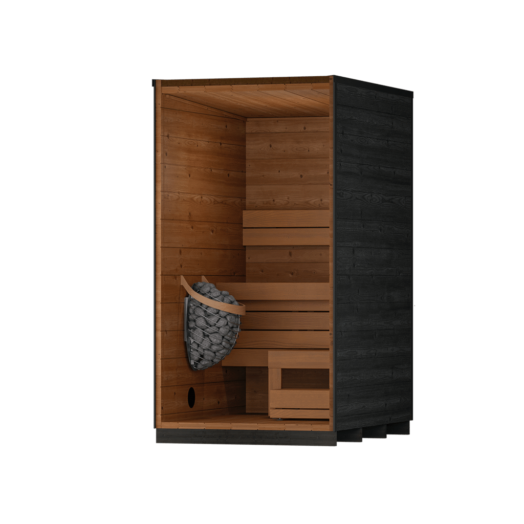Wooden sauna with a basket of stones on a dark background
