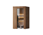 Wooden sauna with glass door on a white background