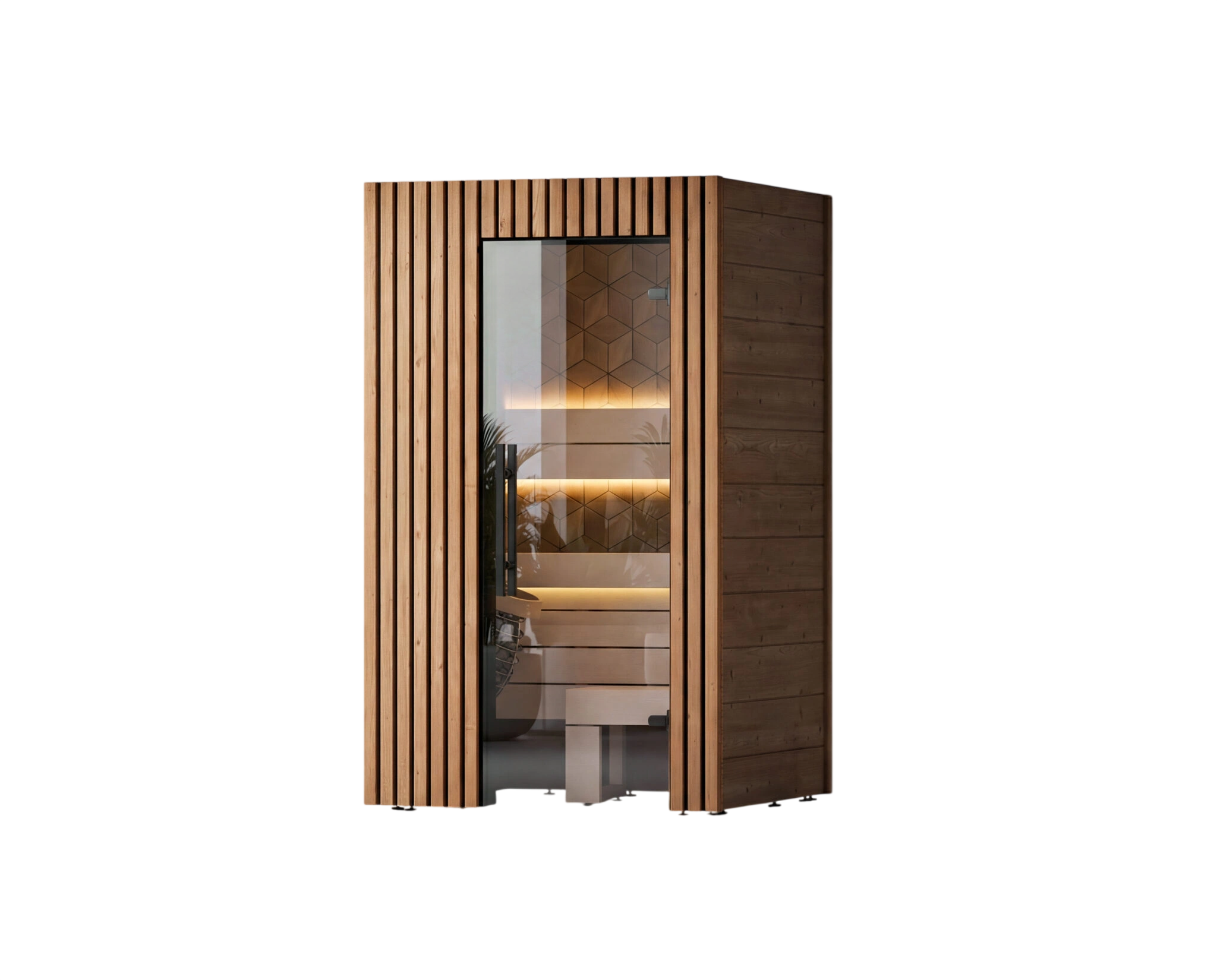 Wooden sauna with glass door on a white background