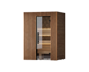 Wooden sauna with glass door on a white background