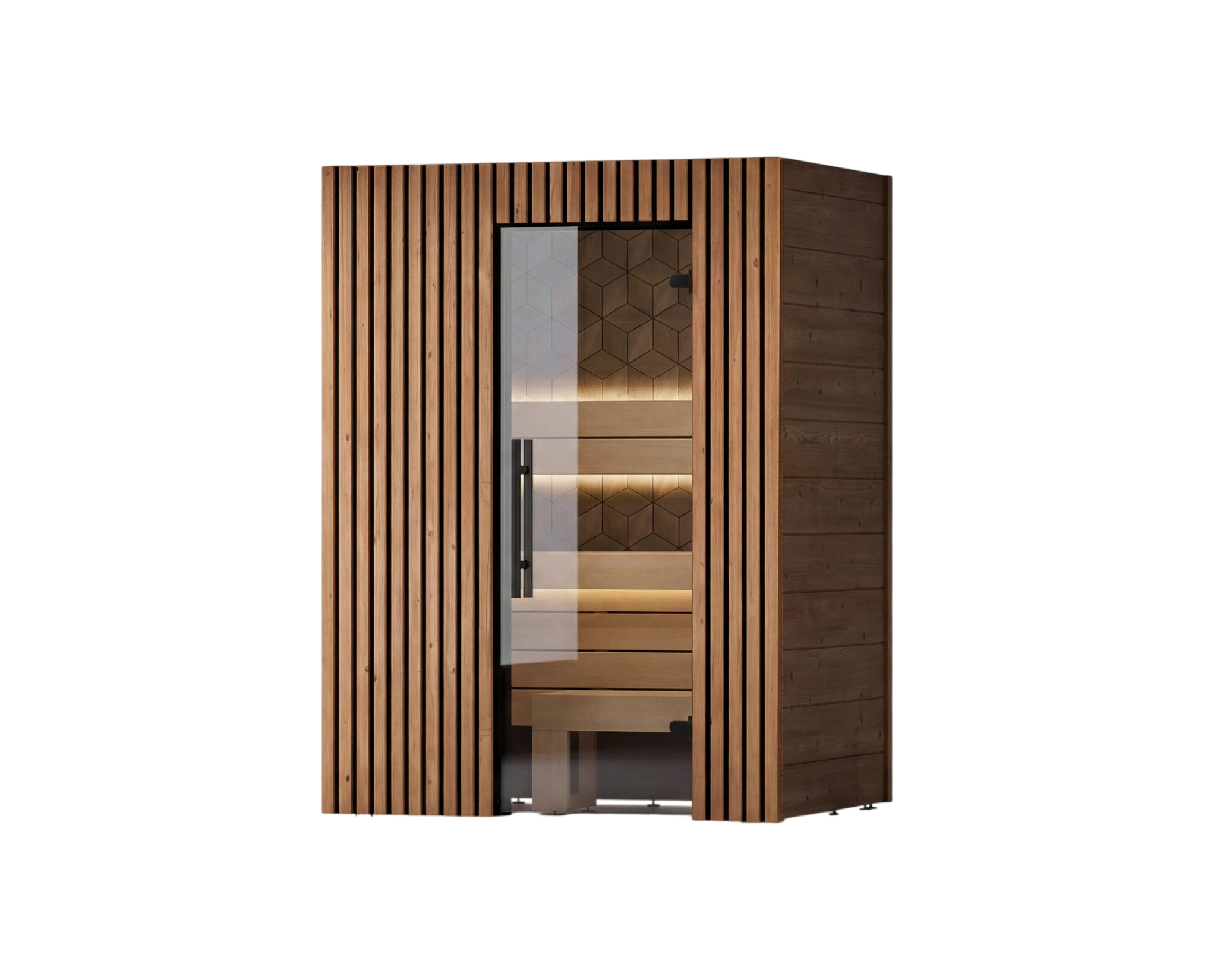 Wooden sauna with glass door on a white background