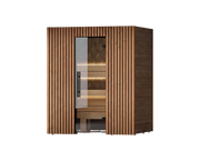 Wooden sauna with glass door on a white background