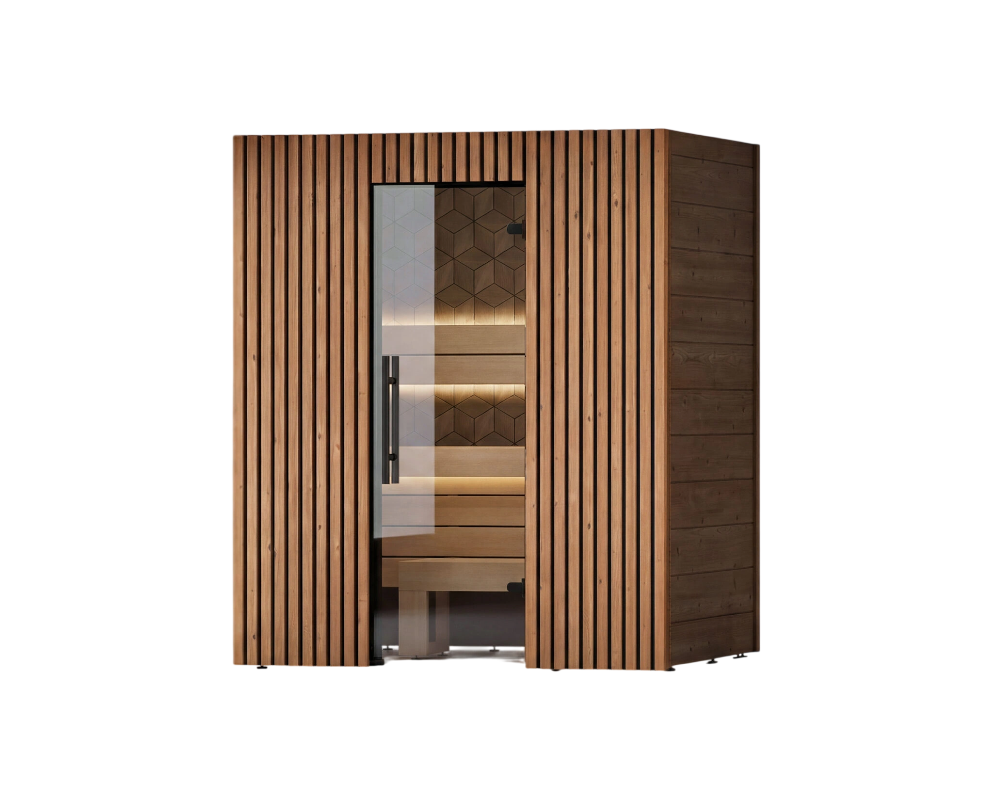 Wooden sauna with glass door on a white background