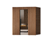 Wooden sauna with glass door on a white background