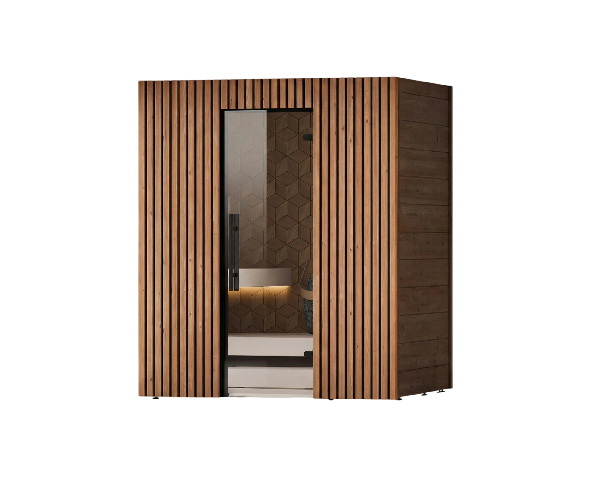 Wooden sauna with glass door on a white background