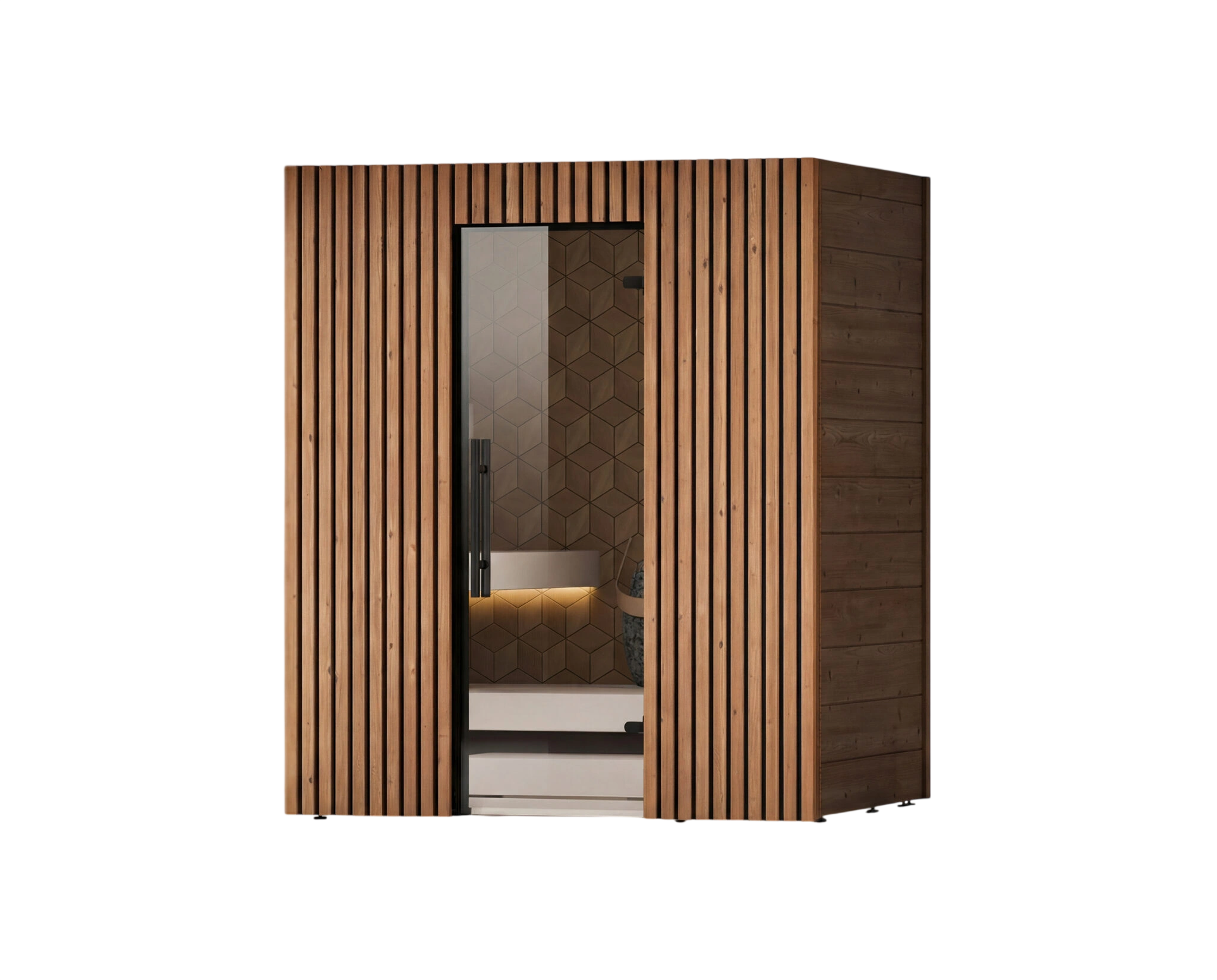 Wooden sauna with glass door on a white background