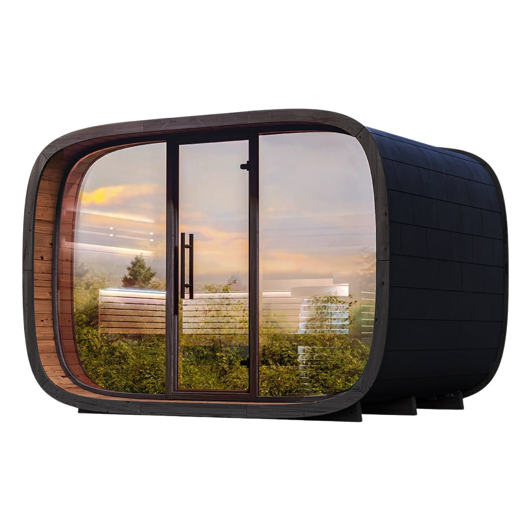 Modern outdoor cabin with glass walls and wooden accents, reflecting a scenic landscape.