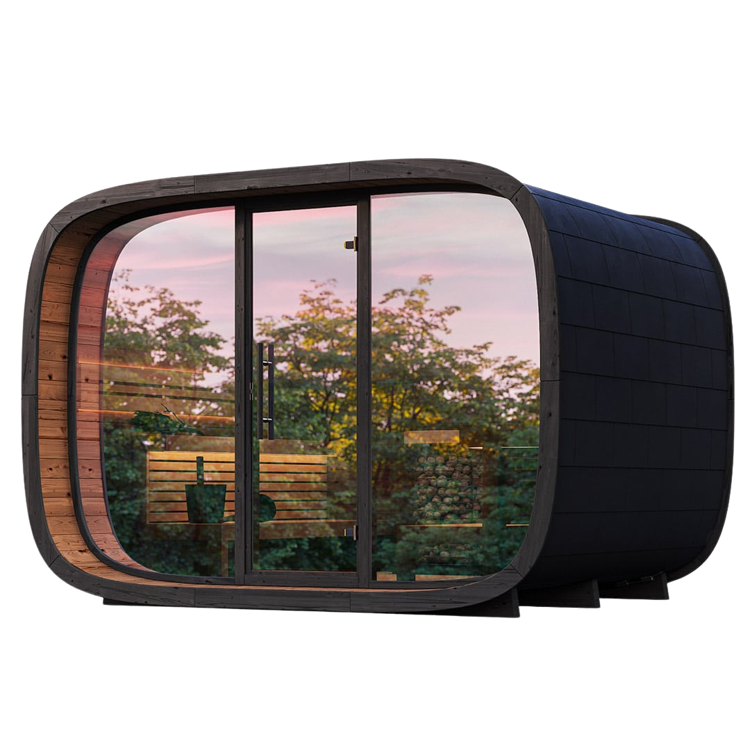 Modern outdoor pod with glass panels showing a garden view.