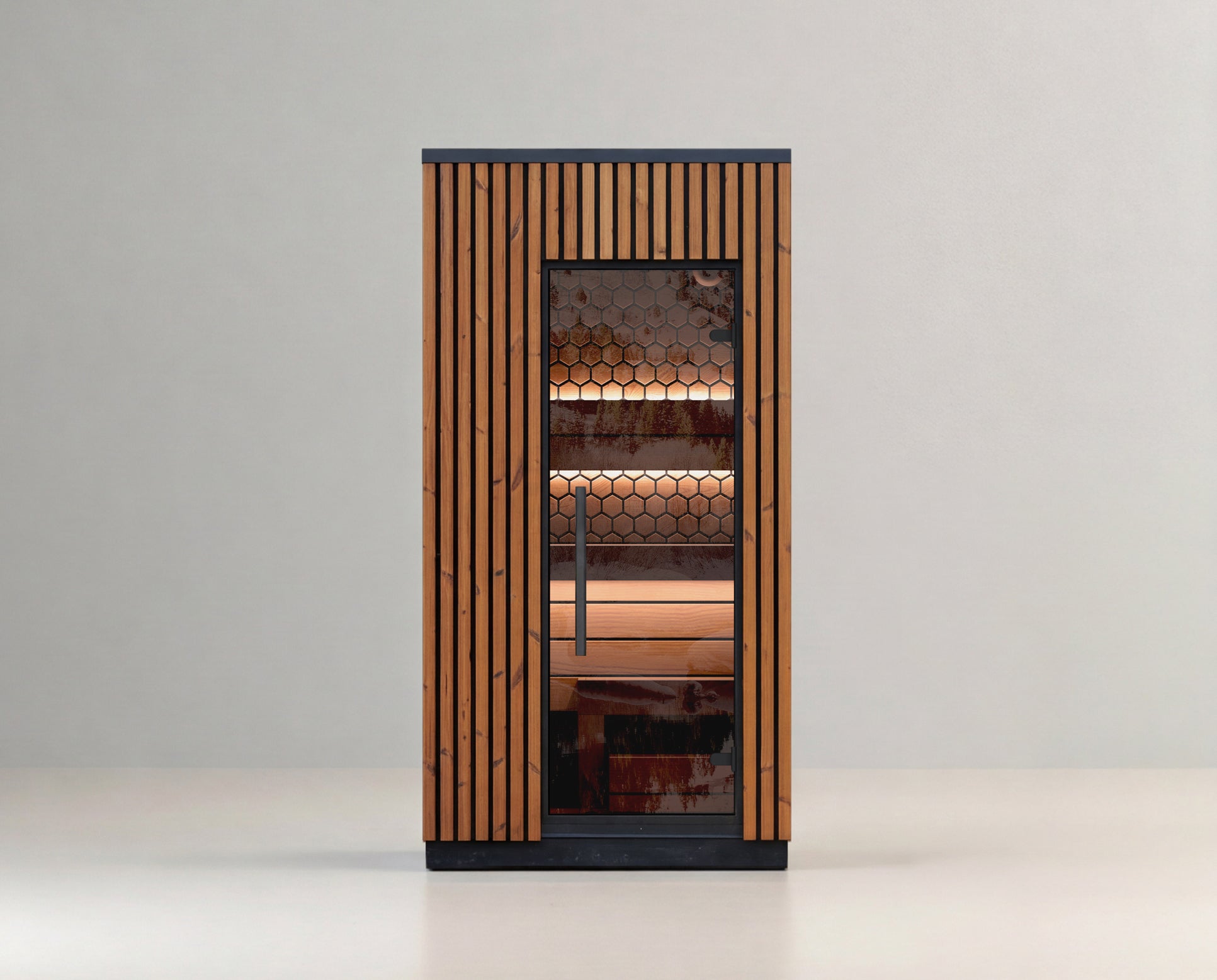 Tall wooden cabinet with glass door on a white background
