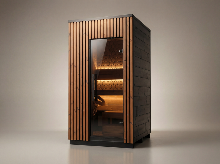 Wooden sauna with glass door on a neutral background
