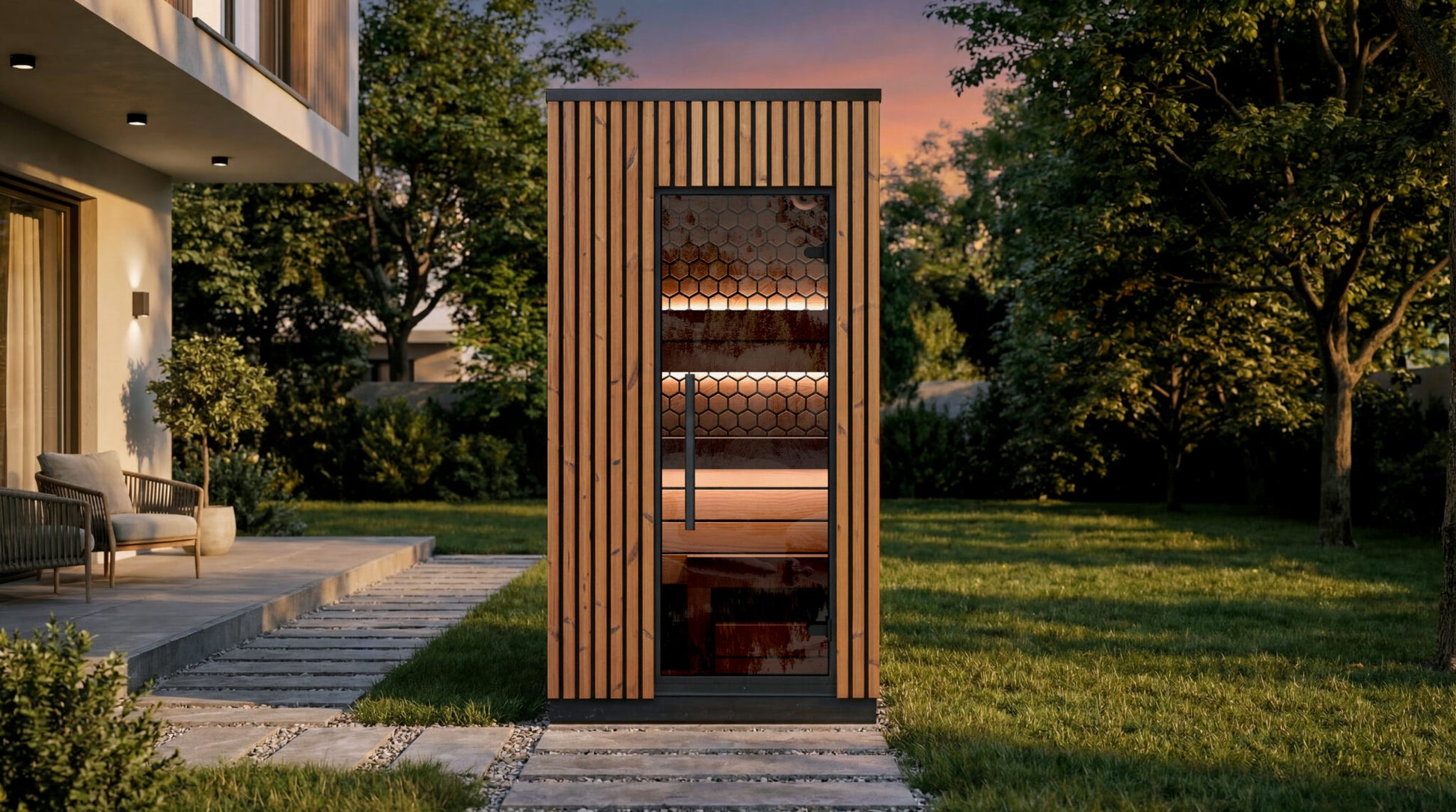 Modern outdoor sauna with wooden exterior in a garden setting