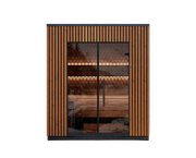 Wooden cabinet with glass doors on a white background