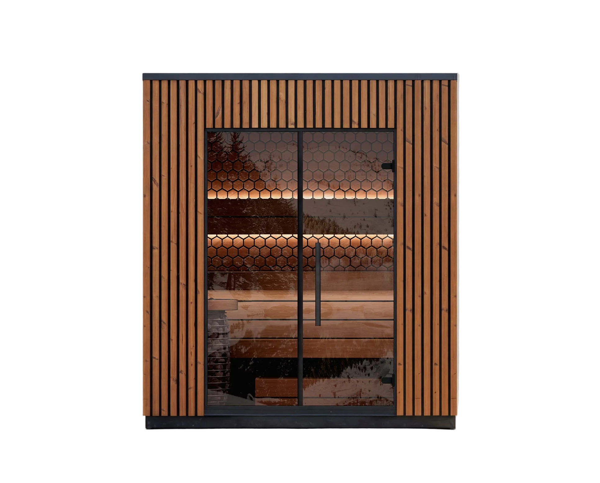 Wooden cabinet with glass doors on a white background
