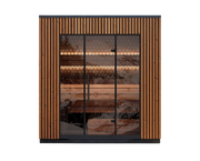 Wooden cabin with glass doors on a white background
