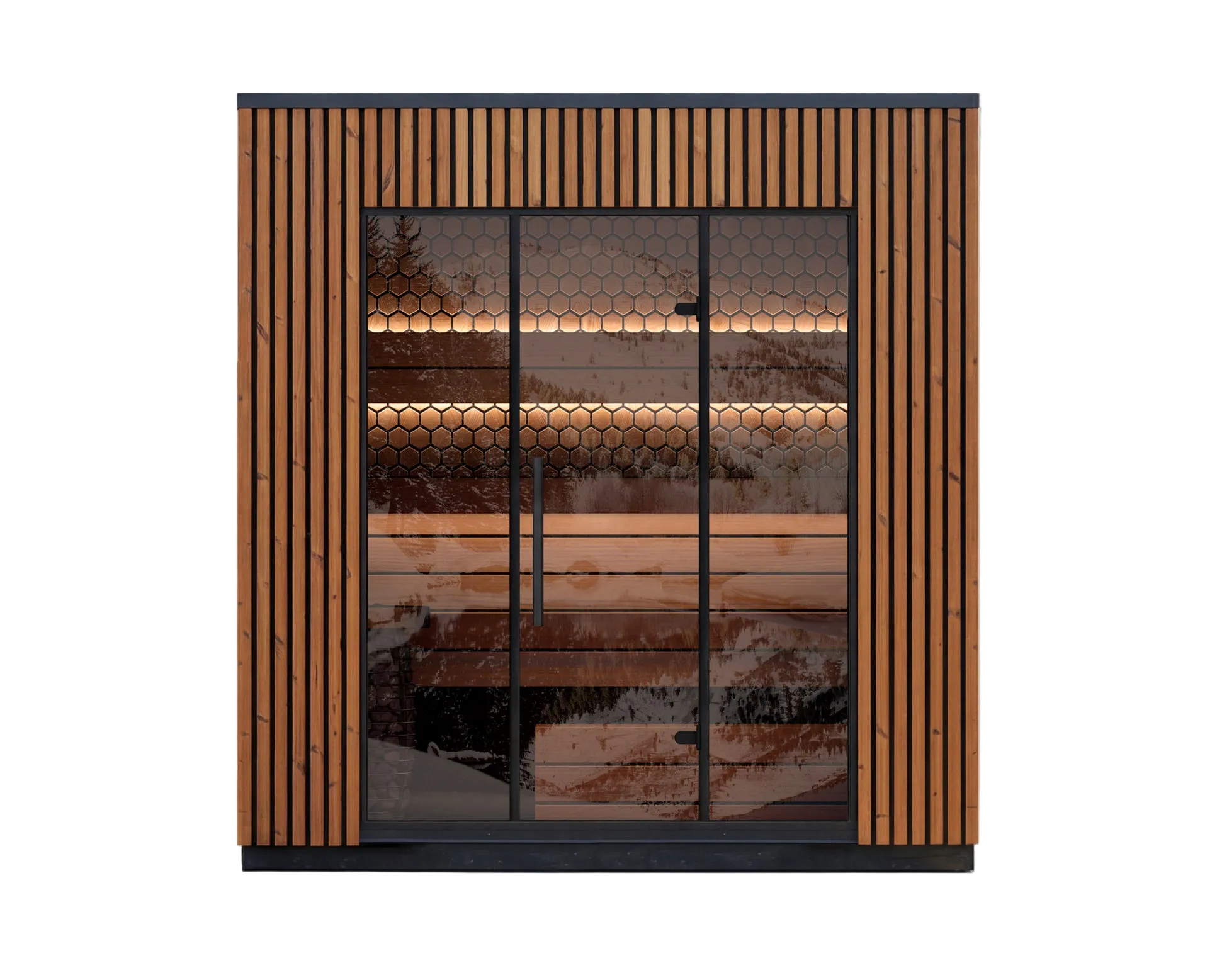 Wooden cabin with glass doors on a white background