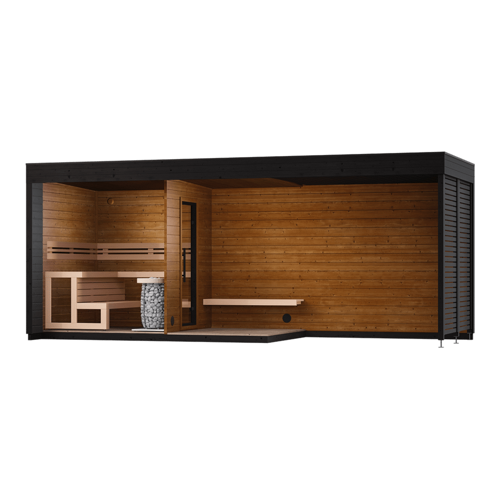 Leil Patio L Plus Sauna - interior layout; optional heater shown